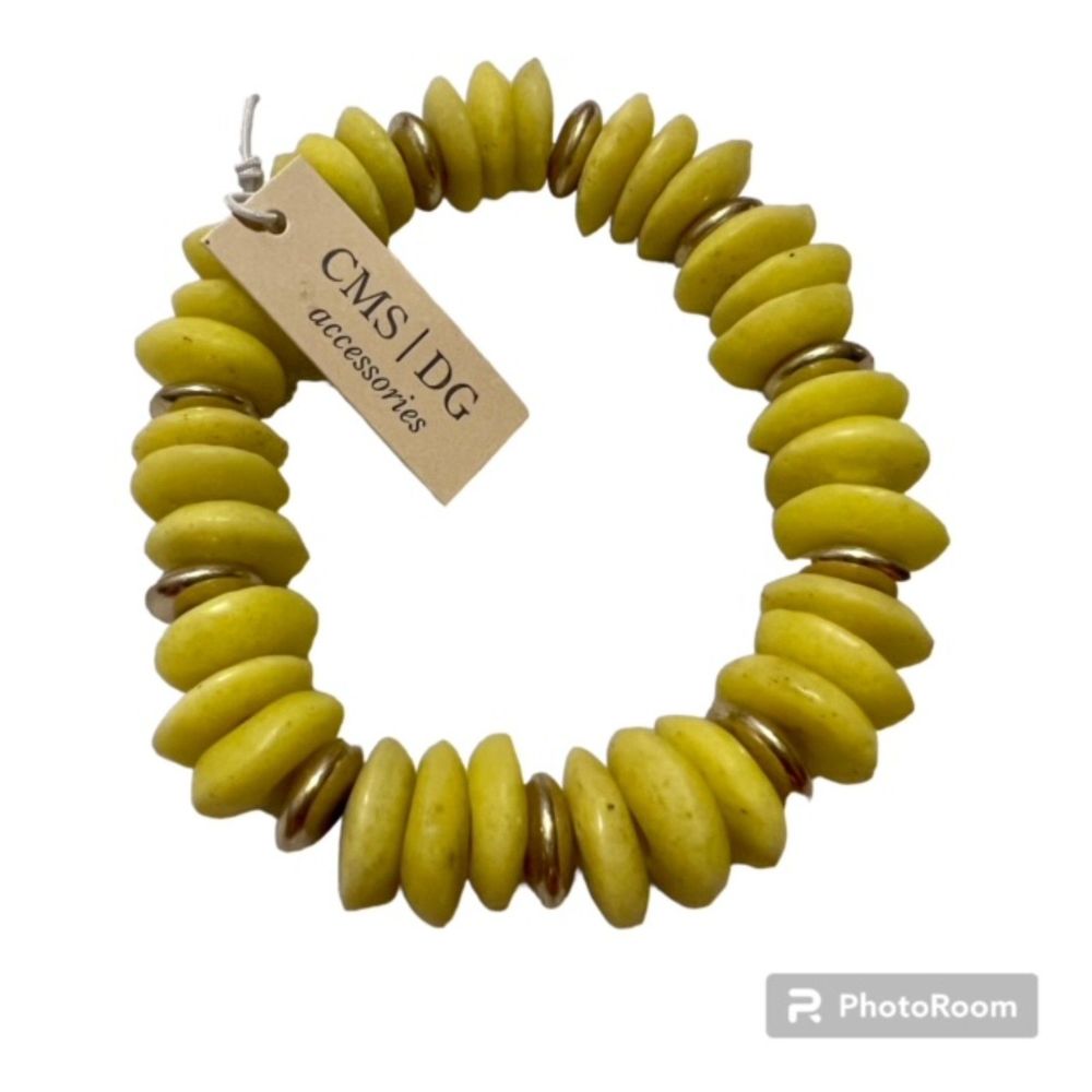 Yellow Beads Gold Tone Disc Spacer Elastic Bracelet NWT